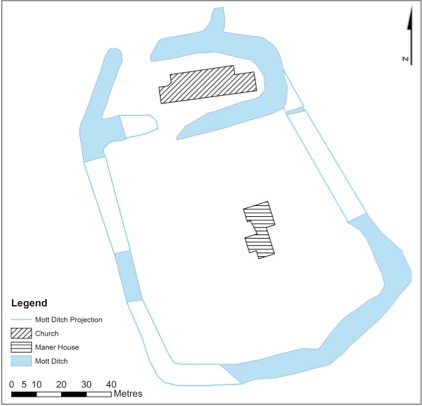 Saxon ditch surrounding Manor House and Church, as identified through geophysical survey data.